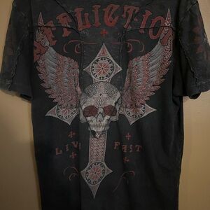 Affliction Black Graphic Tee with Red Skull Design
